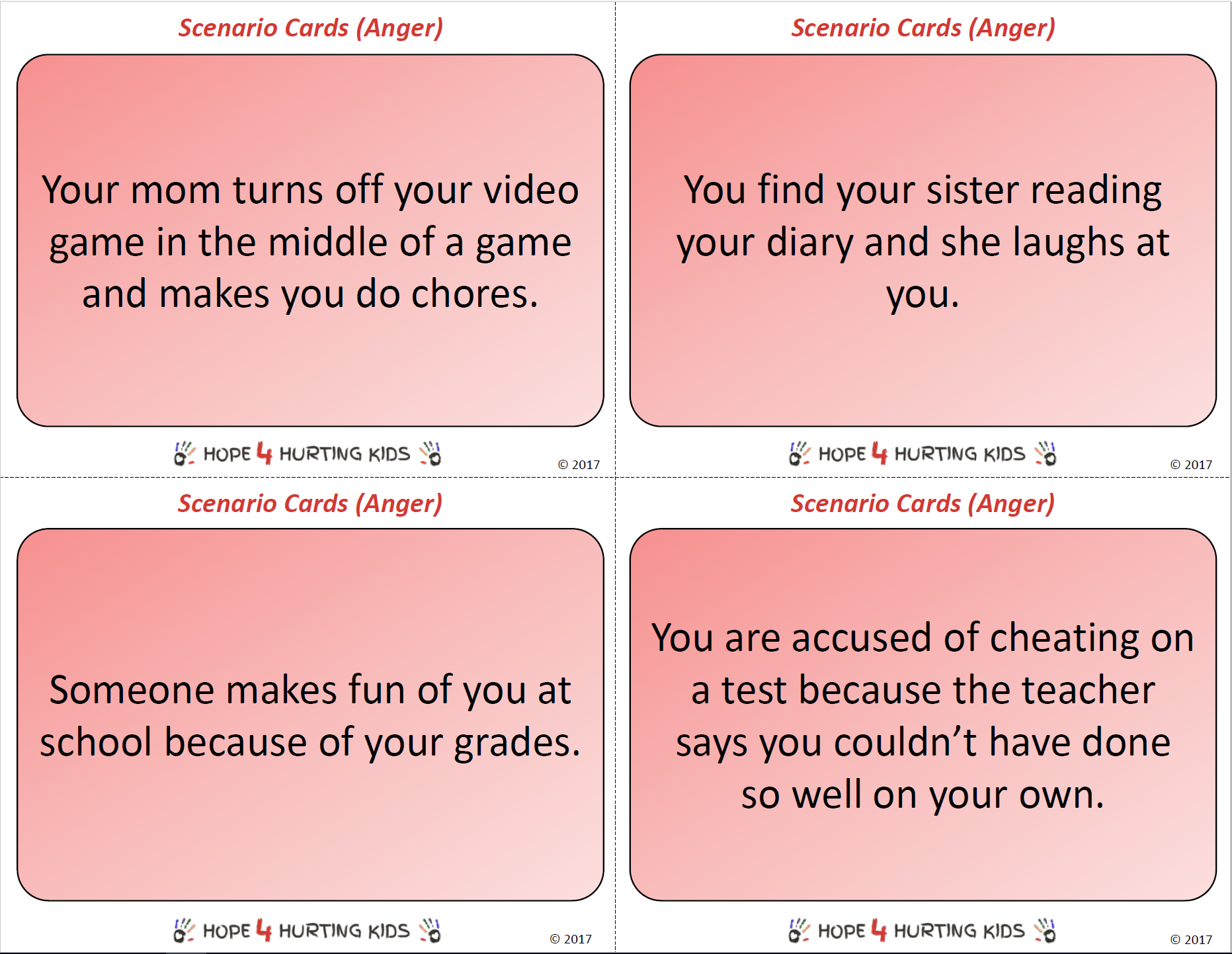 Emotion Scenario Cards (Anger) - Hope 4 Hurting Kids